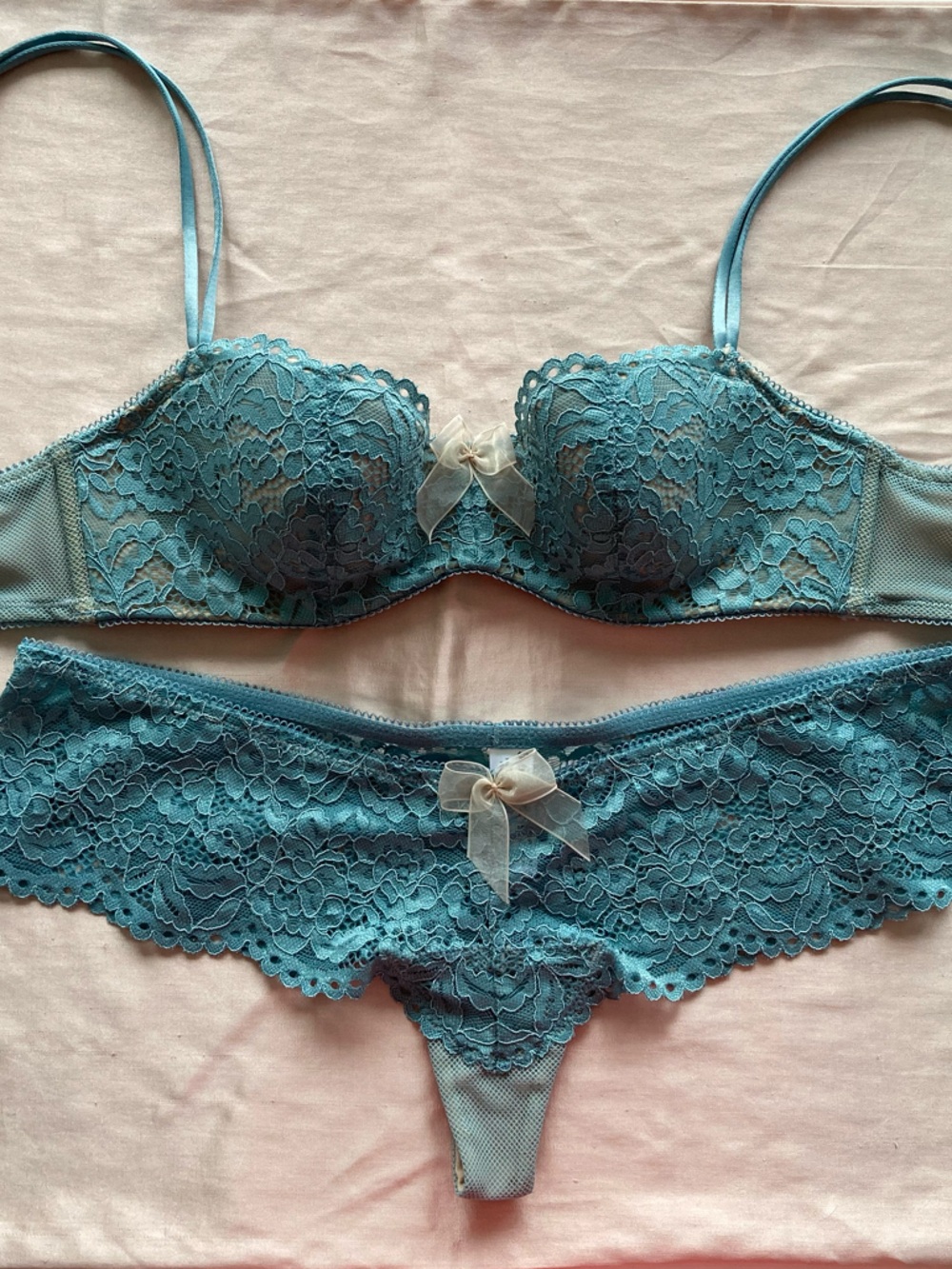 Ciao Bella Set Balconette Bra in Smoke Blue 32B, matching Tanga Panty S